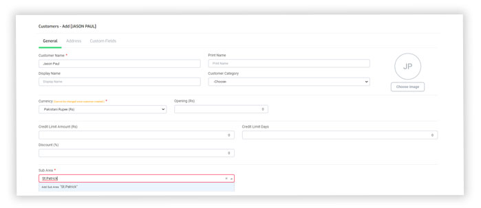 Add sub-area direct from the Customer form